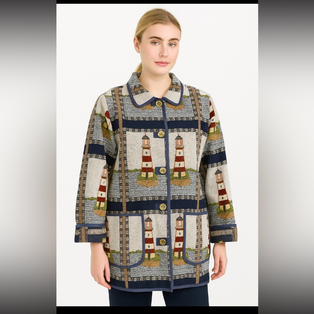 Vintage 90’s Blair Nautical Lighthouse Tapestry Button Down Jacket Large